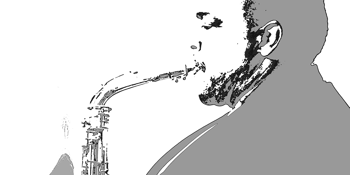 Schwarzweiß-Porträt des Saxophonisten Arthur Blythe in einer zweiten fließenden Konzertansicht, gesehen von Hans Kahlmopz für STILLER JAZZ